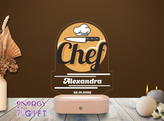 Lampă LED 3D personalizată cu simboluri culinare și nume gravat – cadou deosebit pentru chef sau bucătar