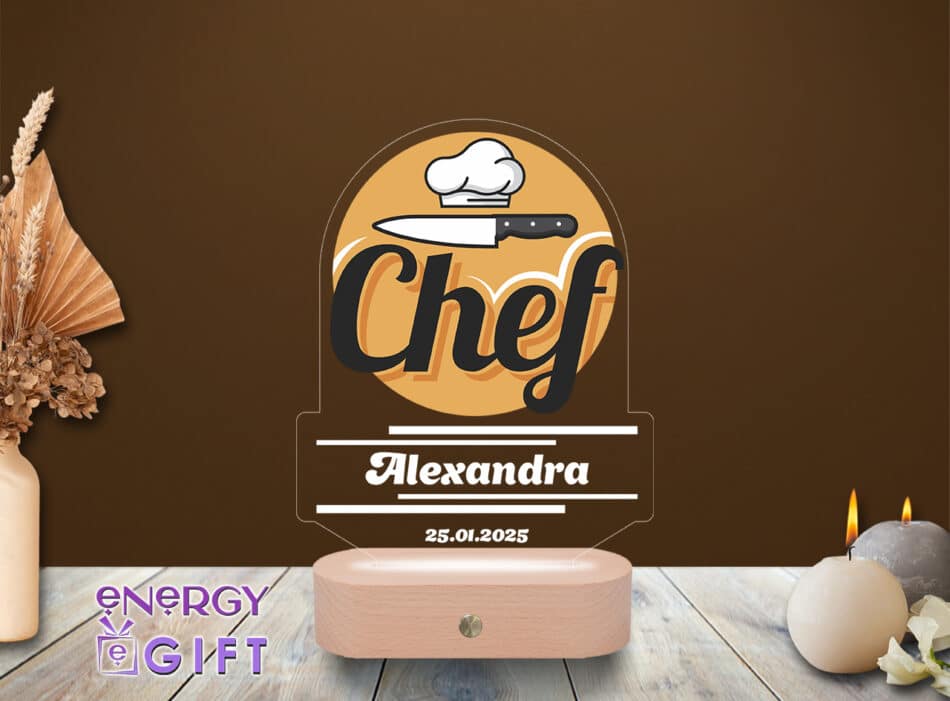 Lampă LED 3D personalizată cu simboluri culinare și nume gravat – cadou deosebit pentru chef sau bucătar