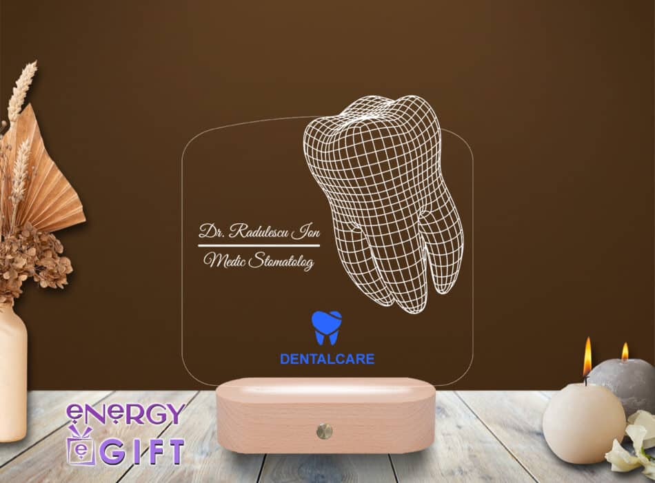 Lampă LED 3D personalizată cu simbol stomatologie și nume gravat – cadou elegant pentru medic dentist