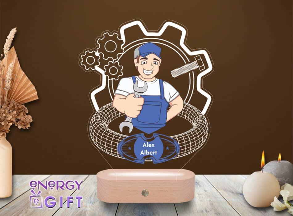 Lampă LED 3D personalizată cu simboluri auto și unelte – cadou ideal pentru mecanici