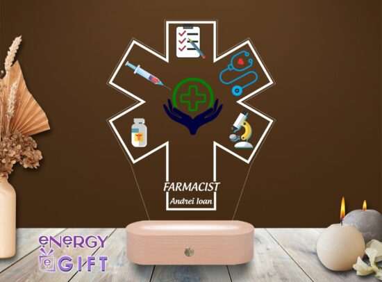 Lampă LED 3D personalizată cu simboluri farmaceutice și nume – cadou ideal pentru farmaciste