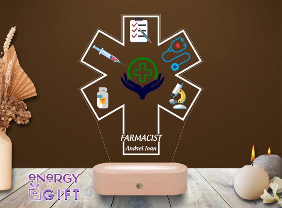 Lampă LED 3D personalizată cu simboluri farmaceutice și nume – cadou ideal pentru farmaciste