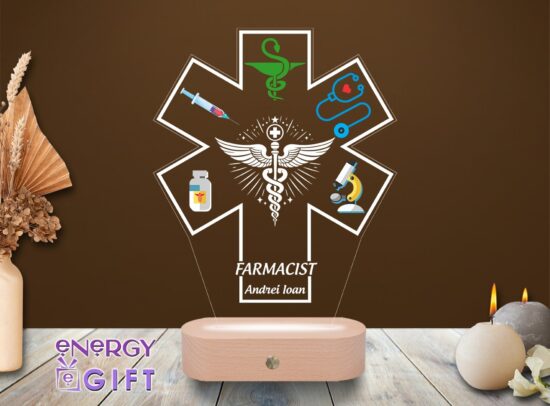 Lampă LED 3D personalizată prin printare cu simboluri farmaceutice – cadou pentru farmacist