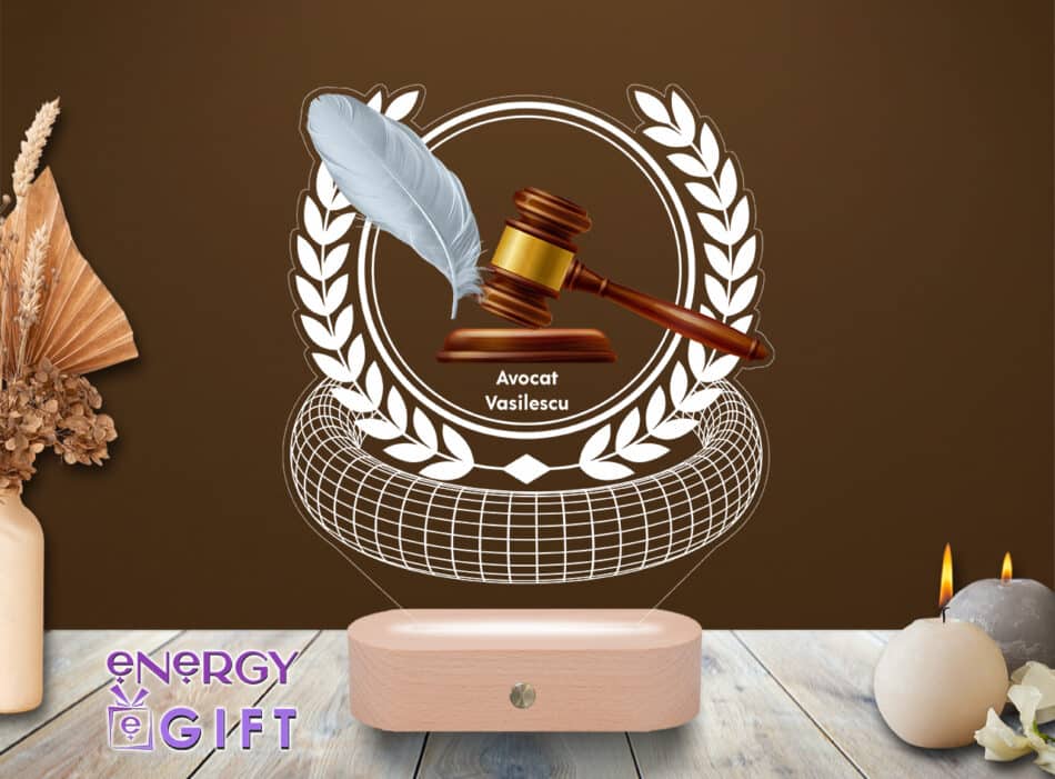 Lampă LED 3D personalizată prin printare cu simboluri ale justiției – cadou deosebit pentru avocat sau jurist