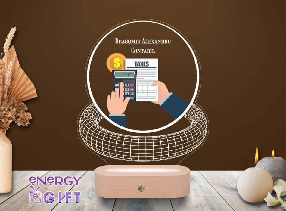 Lampă LED 3D personalizată prin printare cu simboluri contabile – cadou unicat pentru contabil