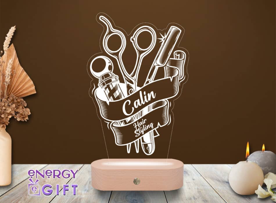 Lampă LED 3D personalizată prin printare cu simboluri de hair styling – cadou inedit pentru hairstylist