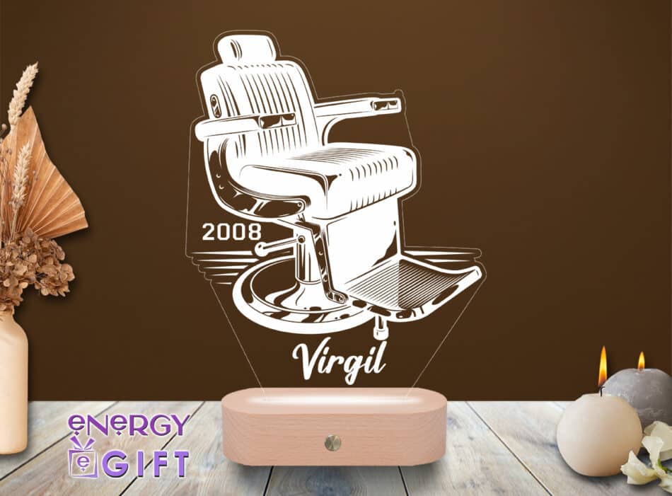 Lampă LED 3D personalizată prin printare cu simboluri de frizerie – cadou original pentru barber