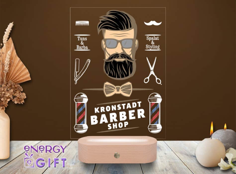 Lampă LED 3D personalizată prin printare cu simboluri barber shop – cadou unicat pentru frizer