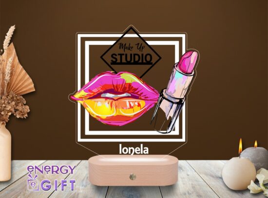 Lampă LED 3D personalizată prin printare cu simboluri de machiaj – decor elegant pentru salon