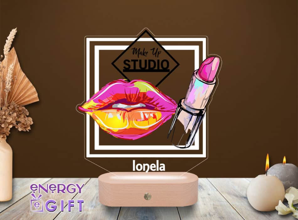 Lampă LED 3D personalizată prin printare cu simboluri de machiaj – decor elegant pentru salon
