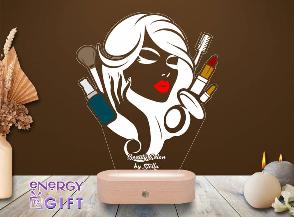 Lampă LED 3D personalizată prin printare cu simboluri beauty – cadou deosebit pentru salon