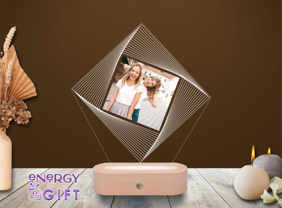 Lampă LED 3D cu ramă foto și imagine de familie, bază din lemn natural