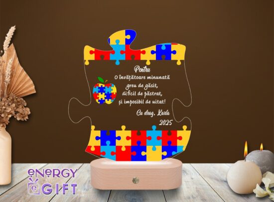 Lampă LED 3D cu design puzzle personalizat prin printare – cadou apreciat pentru învățătoare
