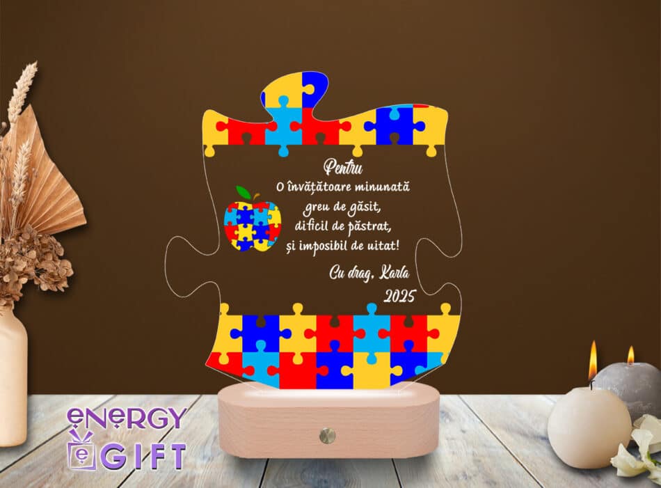Lampă LED 3D cu design puzzle personalizat prin printare – cadou apreciat pentru învățătoare