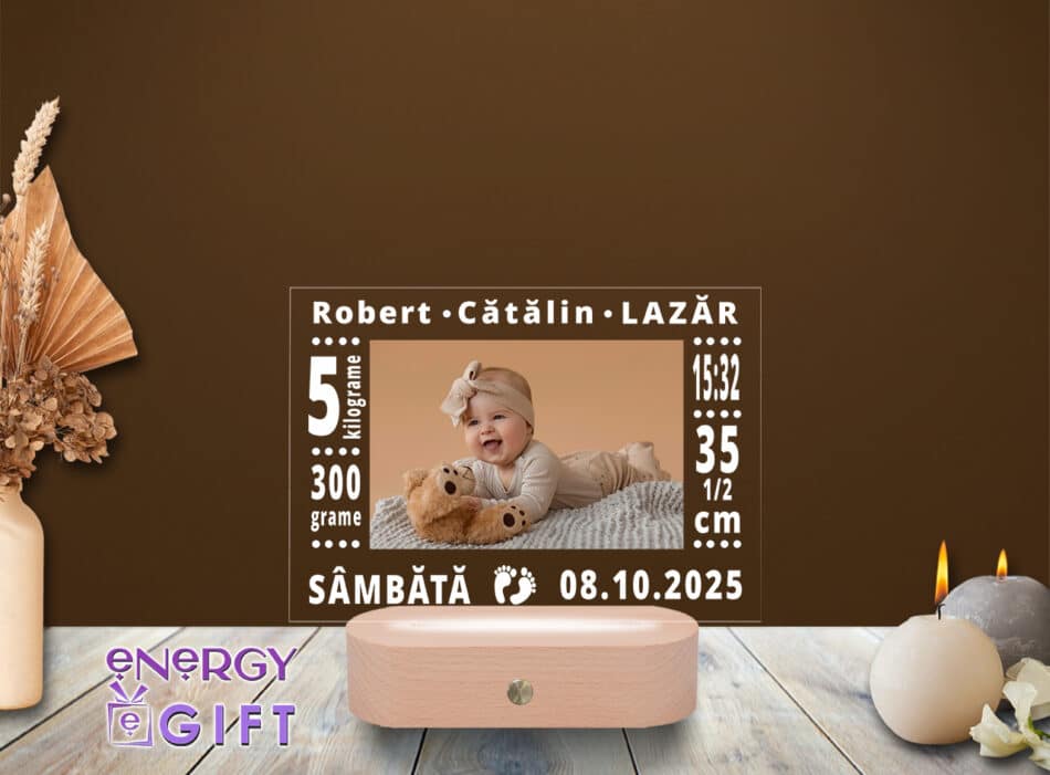Lampă LED 3D personalizată prin printare cu detalii de naștere – cadou simbolic pentru nou-născut