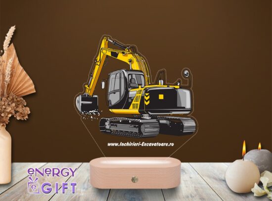 Lampă LED personalizată cu grafică excavator – decor modern pentru pasionați de utilaje