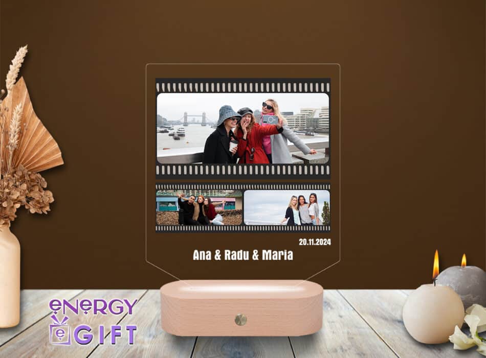 Lampă LED 3D personalizată prin printare cu colaj foto tip rolă de film – cadou retro și emoționant