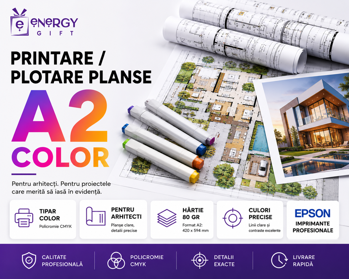 printare plotare planse A2 color hartie 80 gr policromie CMYK