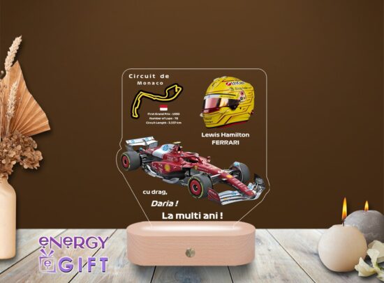 Lampă LED personalizată cu tematică Ferrari și Lewis Hamilton – cadou pentru pasionați
