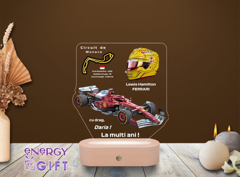 Lampă LED personalizată cu tematică Ferrari și Lewis Hamilton – cadou pentru pasionați