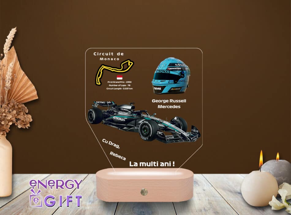 Lampă LED personalizată prin printare – Formula 1 Mercedes, George Russell și nume
