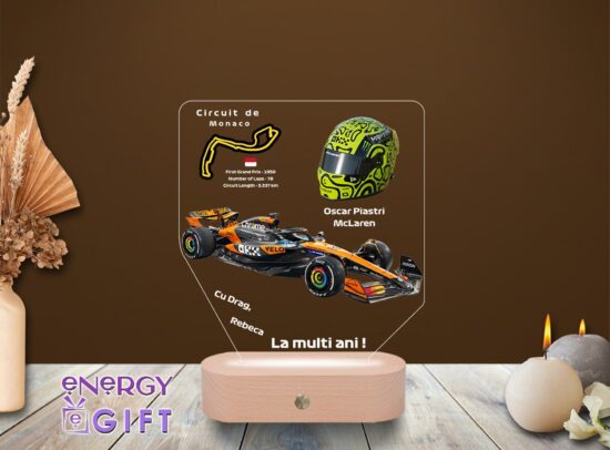 Lampă LED personalizată cu Oscar Piastri – temă McLaren F1, cadou sportiv