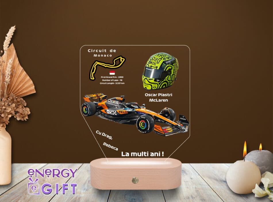 Lampă LED personalizată cu Oscar Piastri – temă McLaren F1, cadou sportiv