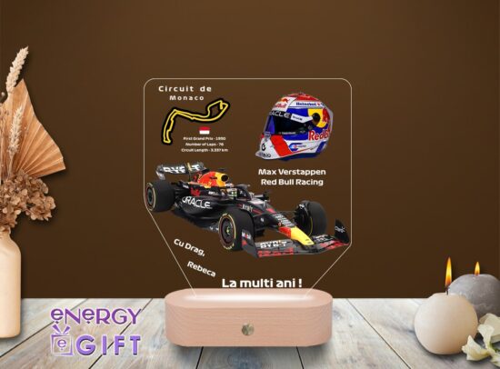 Lampă LED personalizată cu tematică F1 – Max Verstappen și mașină Red Bull