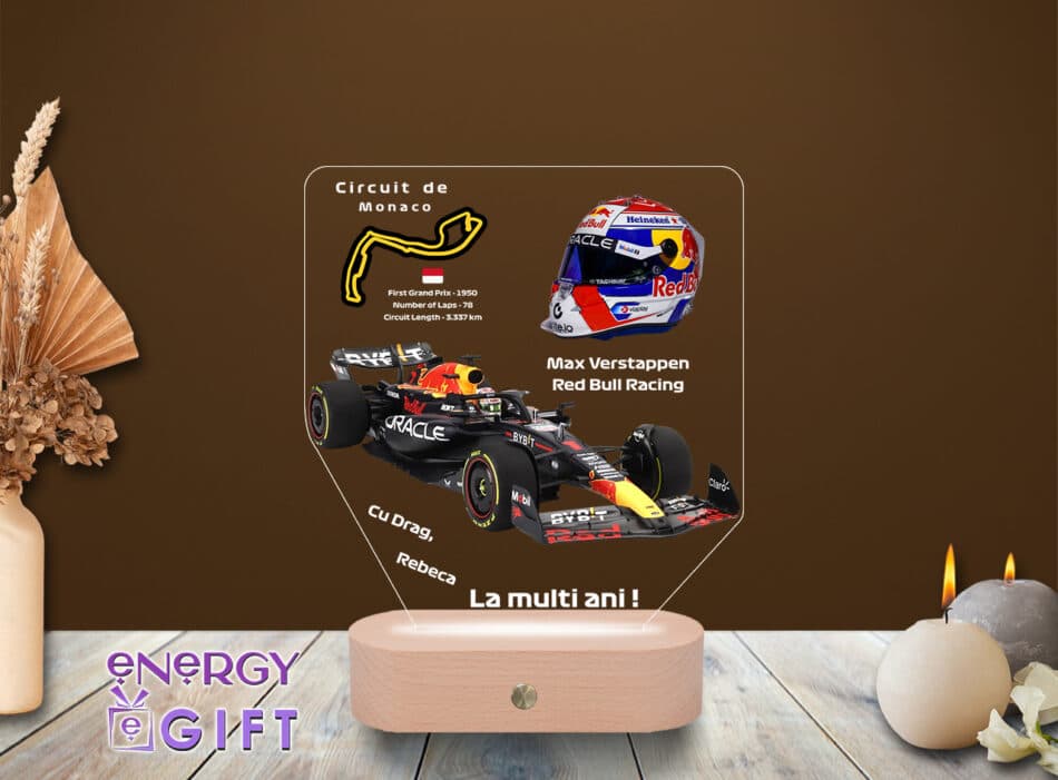 Lampă LED personalizată cu tematică F1 – Max Verstappen și mașină Red Bull