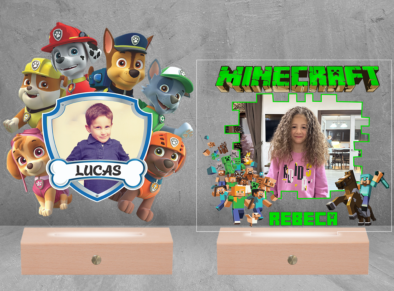 Lămpi LED 3D personalizate pentru copii – Paw Patrol și Minecraft Lămpi LED 3D personalizate pentru copii, cu tematică Paw Patrol și Minecraft, ideale ca idei de cadou