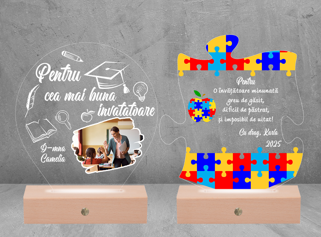 Lampă LED 3D personalizată – cadou pentru profesoară Lampă LED 3D personalizată cu nume și mesaj de mulțumire pentru profesoară