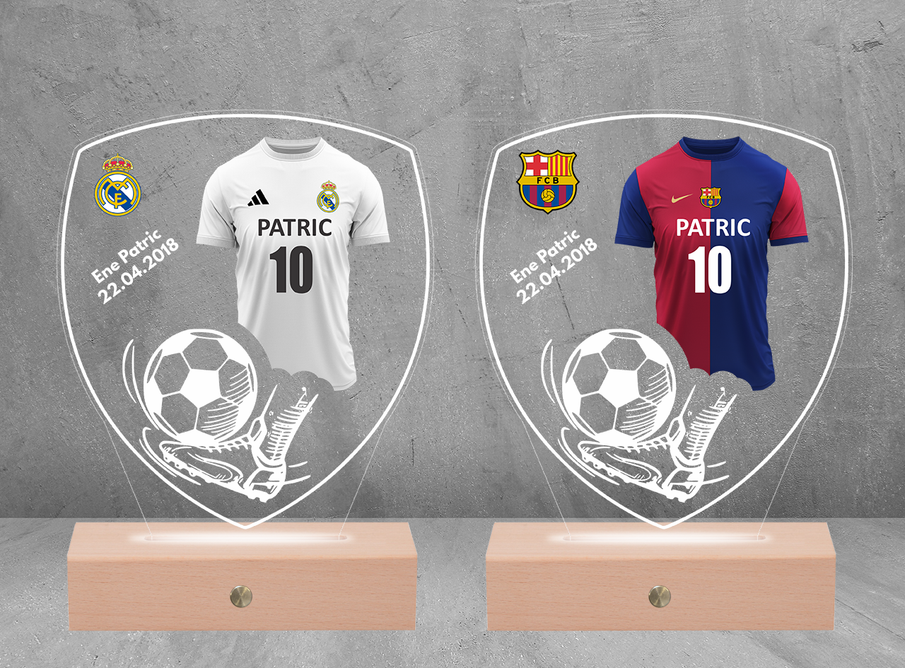 Lampă LED 3D personalizată cu fotbal – cadoul fanilor Lampă LED 3D personalizată fotbal cu nume, echipă și număr, inspirată din tricourile lui Messi și Ronaldo