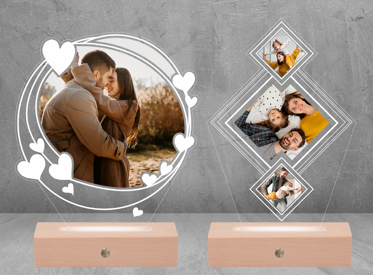 Lămpi LED 3D personalizate pentru îndrăgostiți – cadouri care rămân în suflet Două lămpi LED 3D personalizate pentru cupluri, cu nume și mesaje de dragoste – cadouri ideale pentru îndrăgostiți