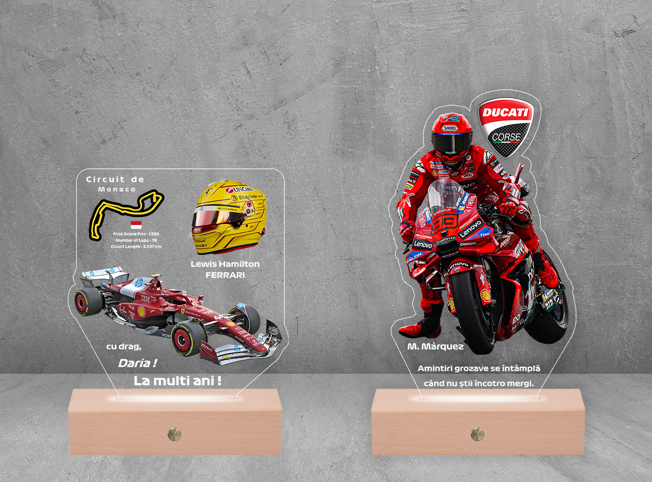 Lampa LED 3D personalizată pentru fanii Formula 1 și MotoGP Lampă LED 3D personalizată cu tematică Formula 1 și motocicletă MotoGP, cu nume și traseu gravat