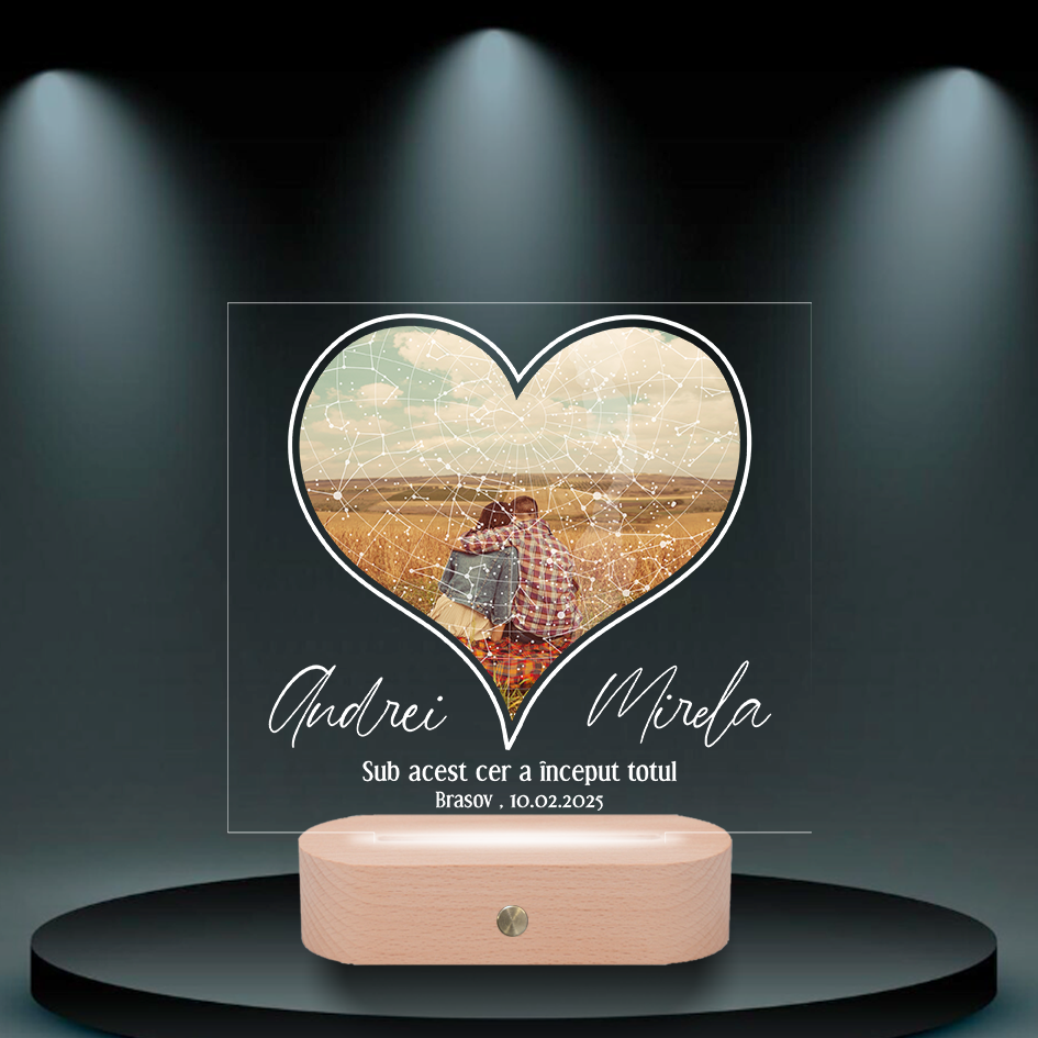 Lampa 3D personalizată cu poză și hartă a stelelor – model Sky Map Lampa 3D personalizată Sky Map – cadou cu hartă a stelelor și poză personală