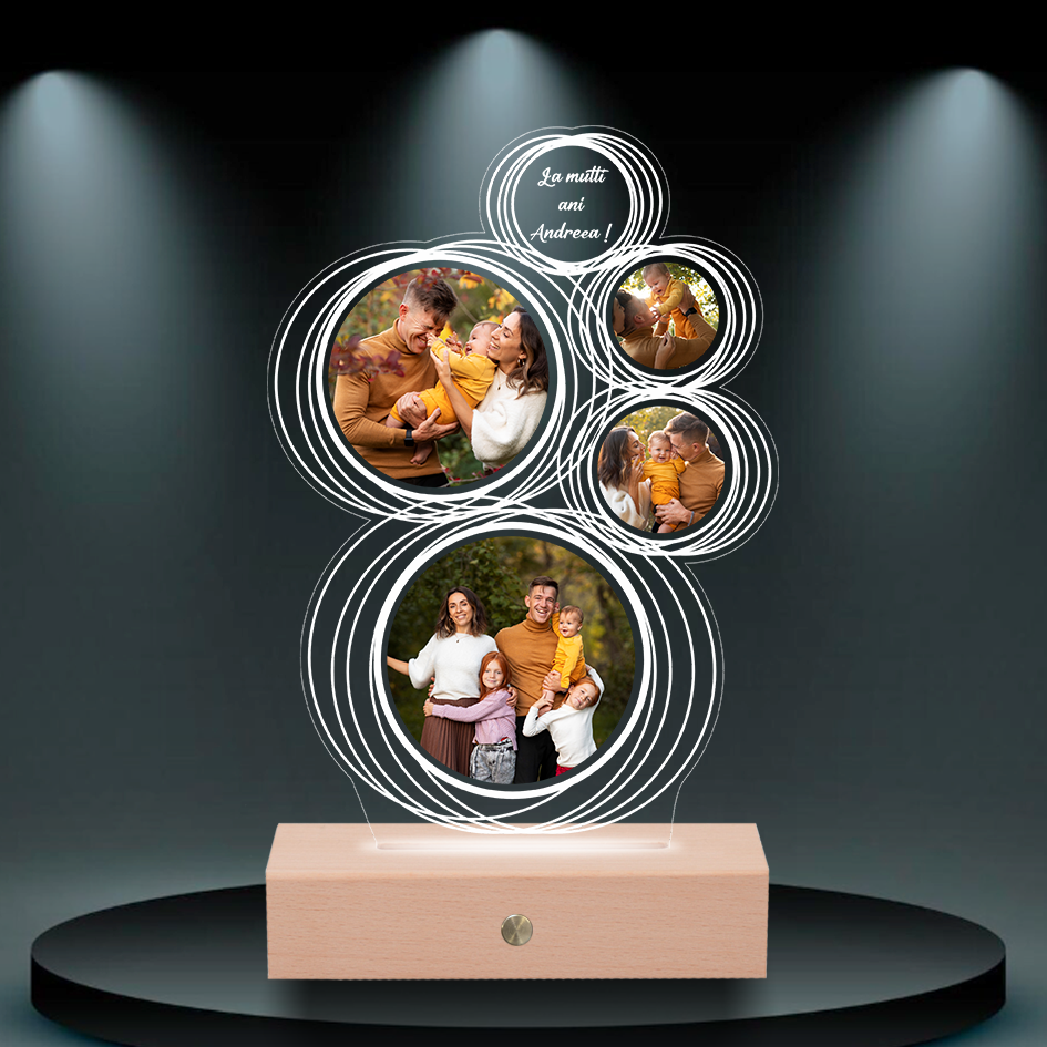 lampa cu mesaj si poza Lampă LED 3D personalizată cu 4 poze, mesaj și dată – cadou cu impact emoțional pentru relații speciale