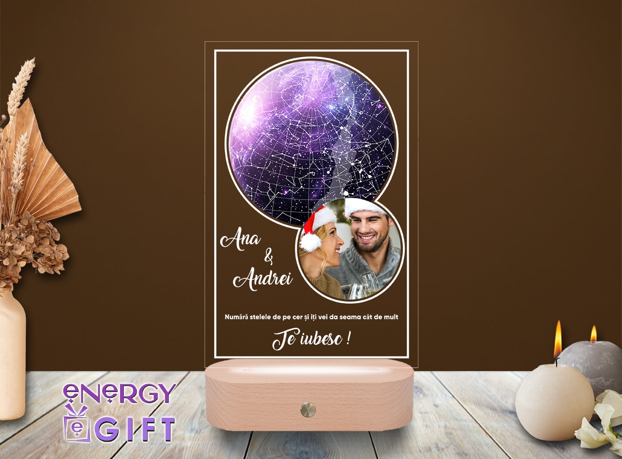 Lampă LED 3D Sky Map personalizată cu harta stelelor și mesaj unic – cadou romantic și memorabil