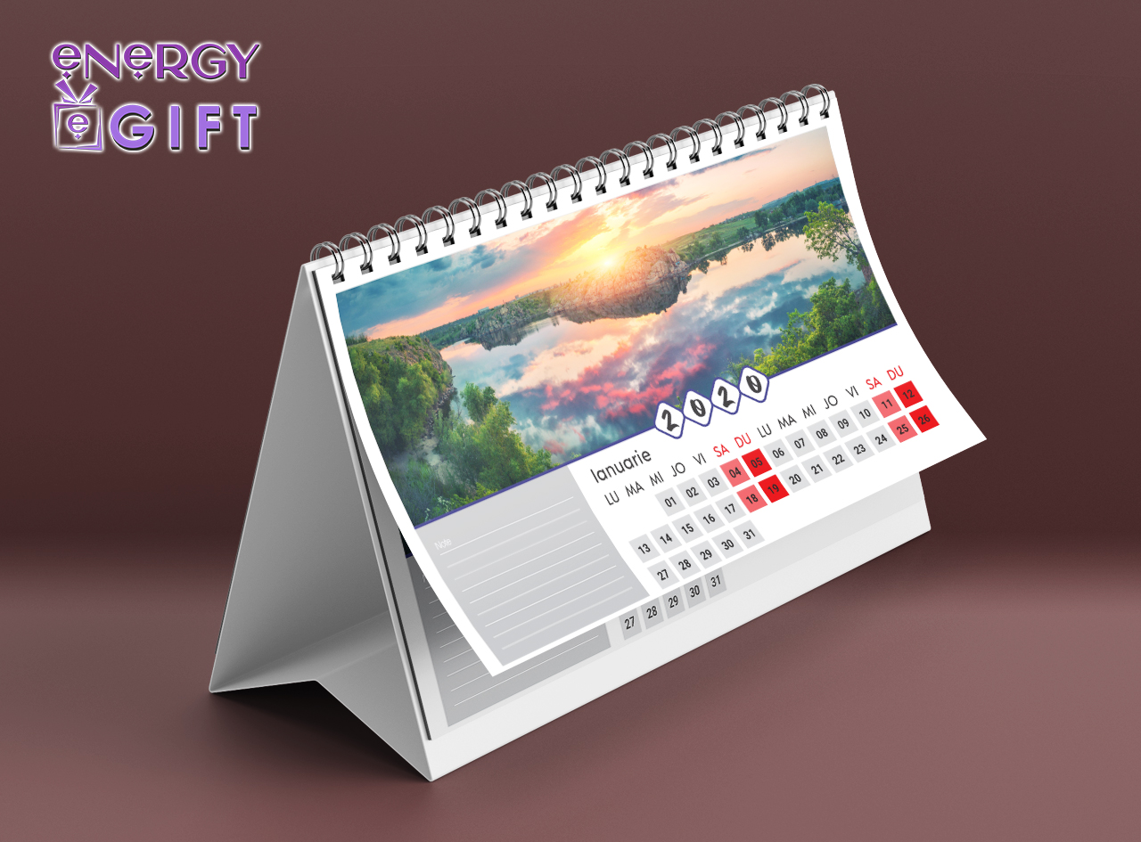 calendar de birou personalizat cu logo și date firmă EnergyGift, 12 file A5, print digital full color