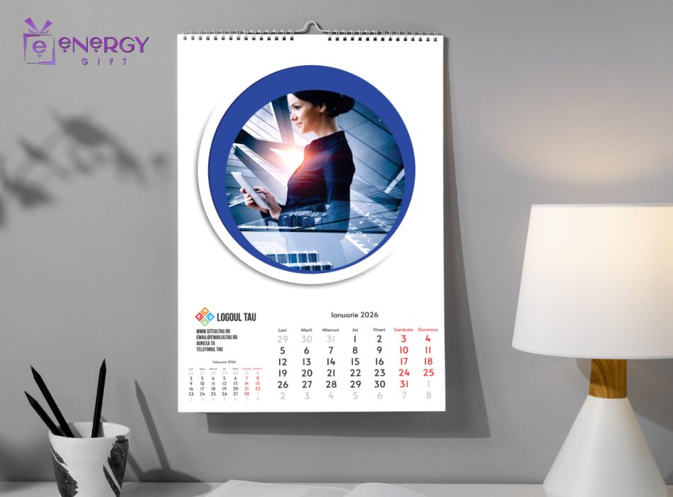 calendar de perete personalizat elegant EnergyGift, 12 file A3, cadou corporate