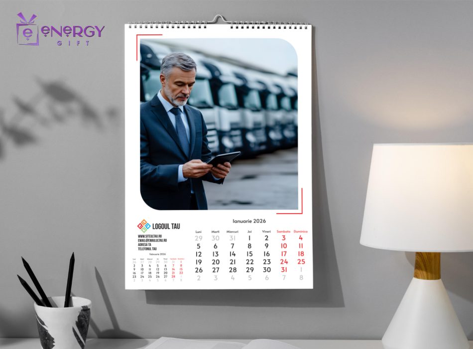 calendar de perete personalizat premium EnergyGift, 12 file A3, design modern