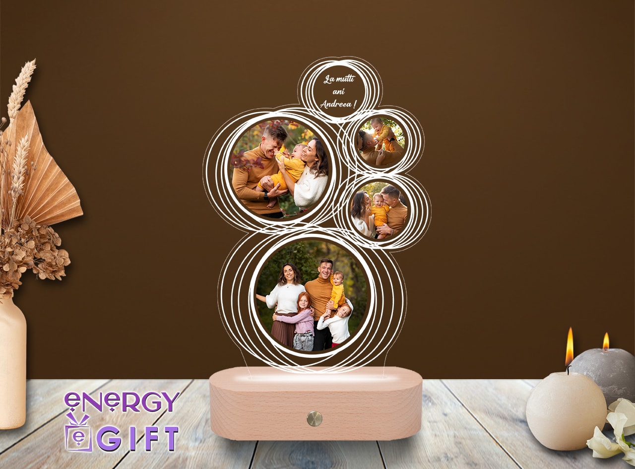 Lampă LED 3D personalizată cu bază din lemn RGB – EnergyGift