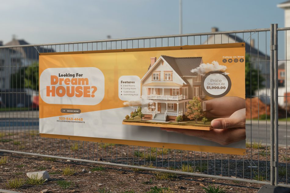 Banner 100x250 cm imobiliar personalizat – print UV pe material PVC premium