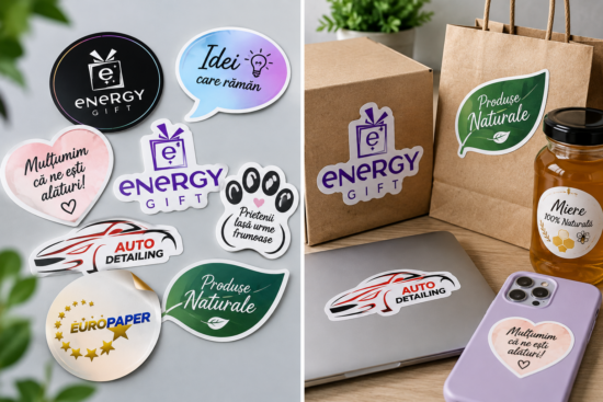 Etichete autocolante personalizate custom decupate pe contur în forme diferite