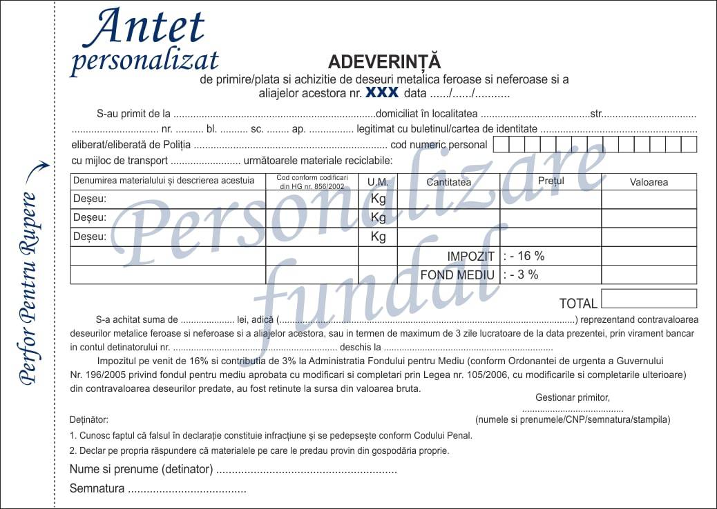 Adeverinta-primire-plata Adeverință primire, plată și achiziție deșeuri personalizata autocopiativa