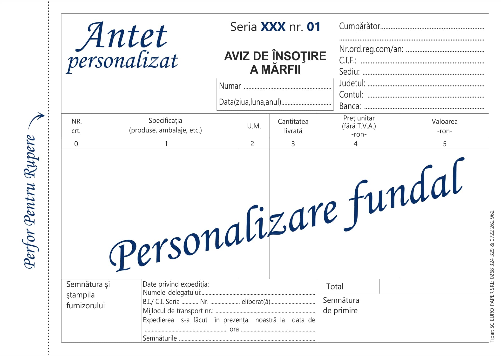 Aviz de insotiere marfa A5 personalizat