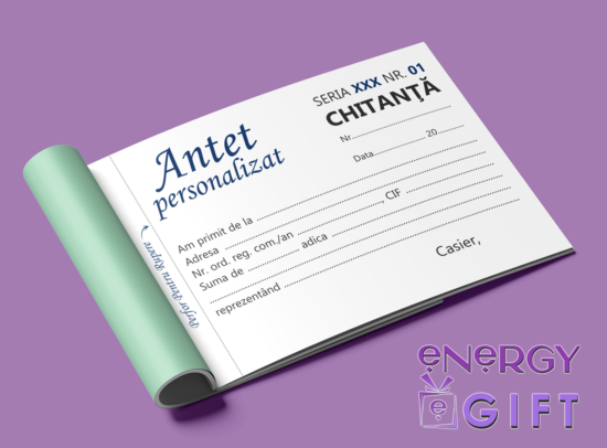 Chitanțier autocopiativ personalizat A6 în 3 exemplare, tipărit alb-negru cu logo și date firmă