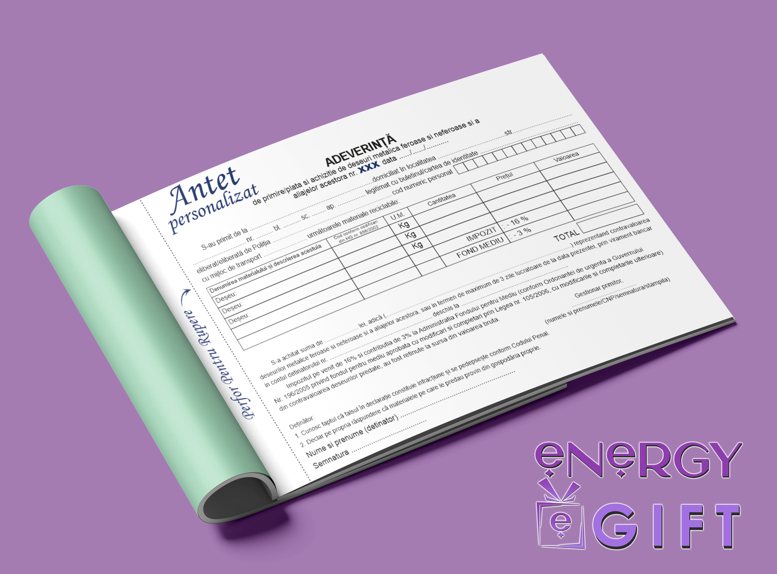 Adeverință achiziție deșeuri autocopiativă A4 în 3 exemplare, personalizată cu logo și date firmă