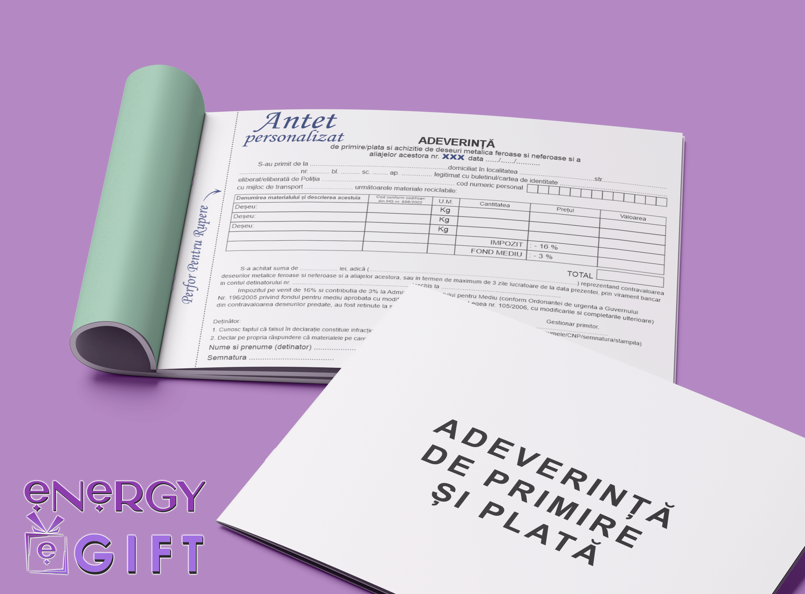 Tipizat primire plată și achiziție deșeuri personalizat A4 în 2 exemplare, cu logo și date firmă