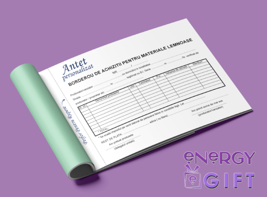 Borderou de achiziții personalizat A4 în 3 exemplare, tipărit autocopiativ cu logo și date firmă