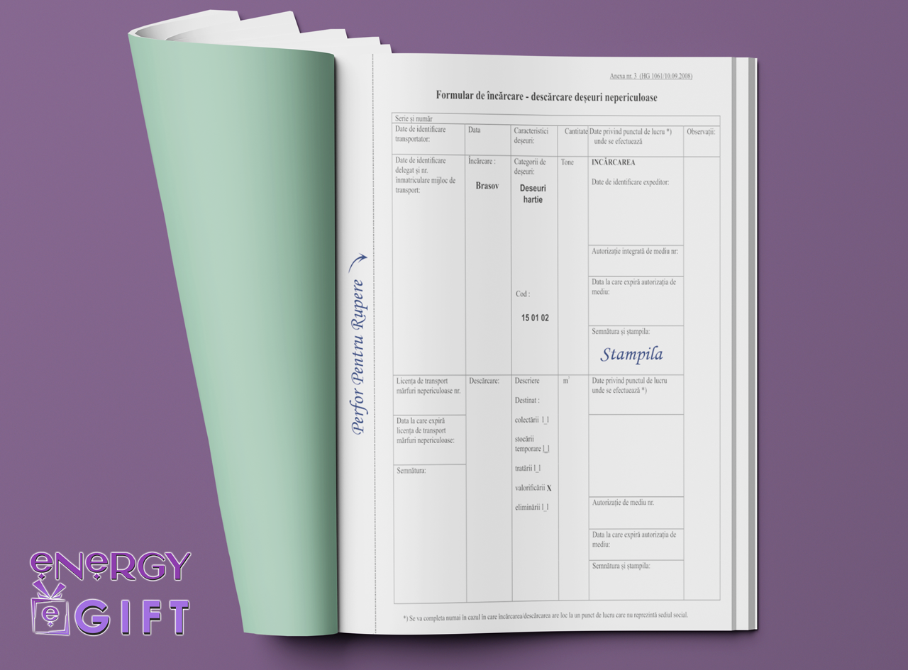 Formular încărcare-descărcare deșeuri nepericuloase personalizat A4 în 3 exemplare pentru firme